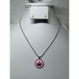 Princess Crown Necklace Cookie Lee Pink Enamel Rhinestone Silver Tone